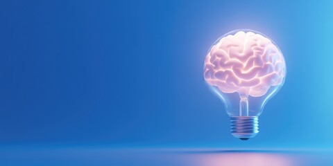 Creative Concept of Light Bulb Shaped Brain on Blue Background