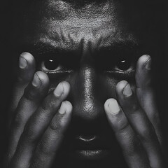 Expressive portrait of a man with hands covering his face in a dark environment conveying deep emotions and introspection
