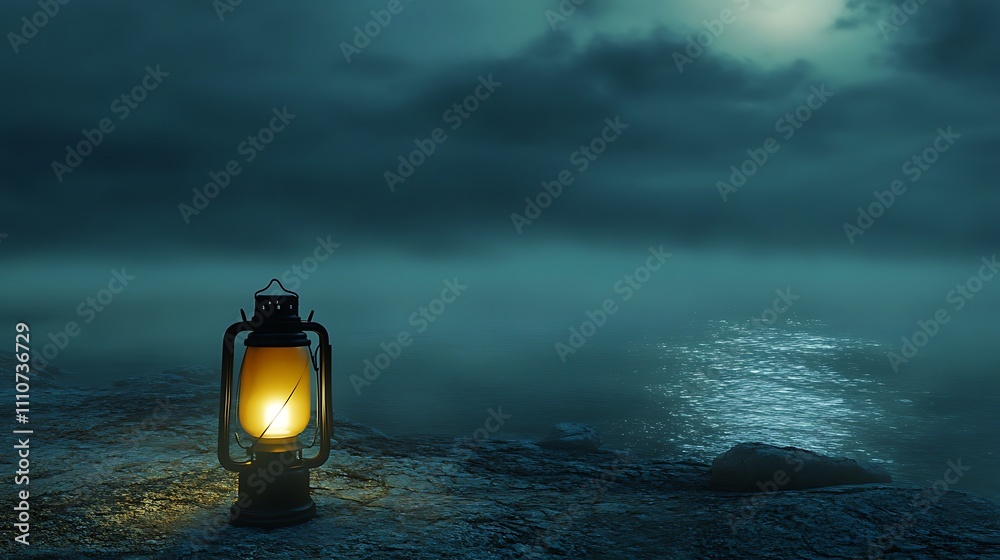 Wall mural a solitary lantern glowing softly on a moonlit beach with the sea in the background