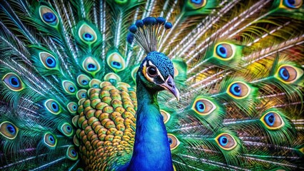 Obraz premium Magnificent Peacock Displaying Its Vibrant Iridescent Feathers in a Captivating Showcase of Regal Beauty and Elegance Amidst a Lush Natural Background