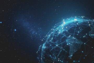 Obraz premium Abstract digital background with a blue gradient and glowing planets with connecting dots.