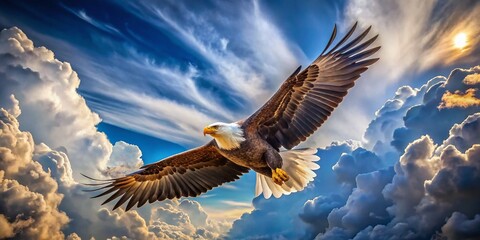 Obraz premium Majestic Bald Eagle Soaring Through the Sky with Intense Gaze and Dramatic Cloud Backdrop Perfect for Wildlife and Nature Enthusiasts