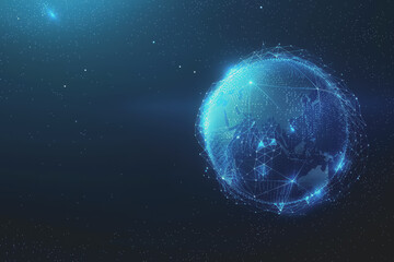Naklejka premium Abstract digital background with a blue gradient and glowing planets with connecting dots.