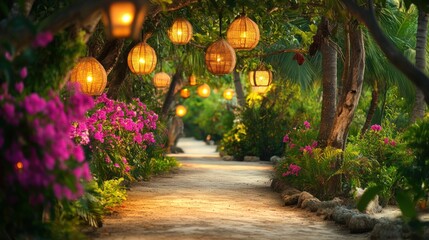 Fototapeta premium Romantic pathway lit by lanterns at dusk.
