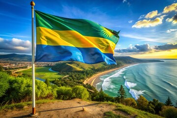 Majestic Drone Photography of the Rwandan National Flag Waving in the Wind, Capturing the Vibrant Official Colors and Proportions Against a Stunning Natural Landscape