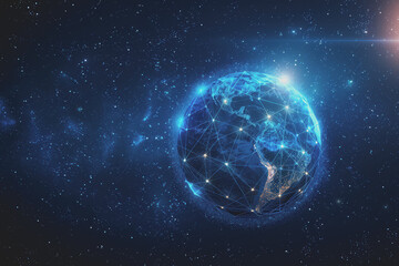 Fototapeta premium Abstract digital background with a blue gradient and glowing planets with connecting dots.