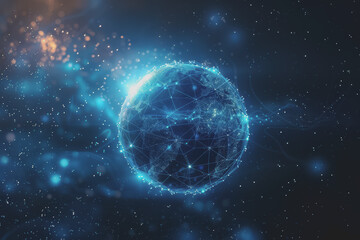 Obraz premium Abstract digital background with a blue gradient and glowing planets with connecting dots.