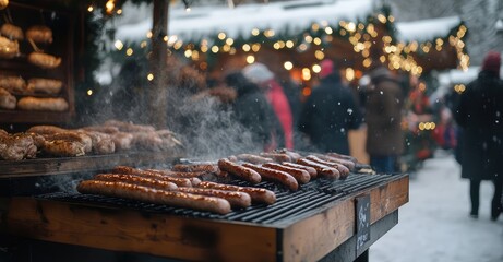 Grilling Sausages at a Christmas Market Food Stall. AI generated illustration.