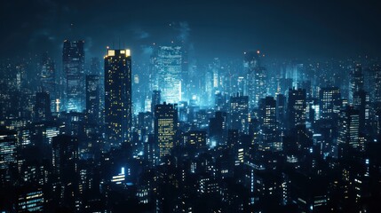 Obraz premium Futuristic city skyline at night, illuminated with blue and gold lights.
