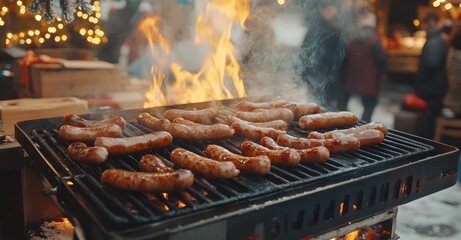 Grilling Sausages at a Christmas Market Food Stall. AI generated illustration.