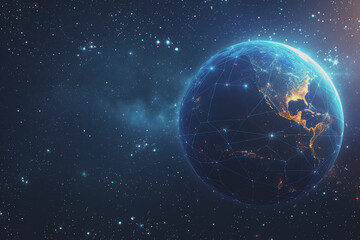 Obraz premium Abstract digital background with a blue gradient and glowing planets with connecting dots.