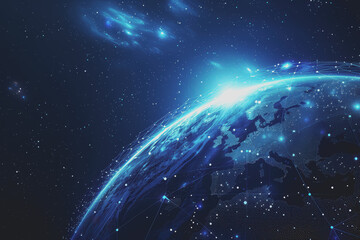 Abstract digital background with a blue gradient and glowing planets with connecting dots.