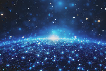 Obraz premium Abstract digital background with a blue gradient and glowing planets with connecting dots.