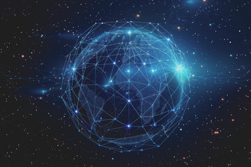 Abstract digital background with a blue gradient and glowing planets with connecting dots.