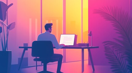 Small business startup setup with a young entrepreneur at a desk