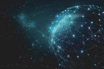 Abstract digital background with a blue gradient and glowing planets with connecting dots.