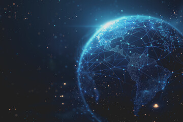 Fototapeta premium Abstract digital background with a blue gradient and glowing planets with connecting dots.