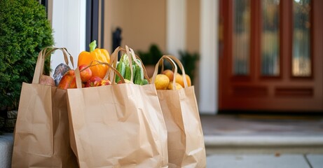 Groceries in Paper Bags at House Door. AI generated illustration.