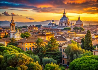 Fototapeta premium Majestic View from Belvedere del Gianicolo in Rome, Capturing the Panoramic Cityscape with Stunning Sunset Colors and Historic Architecture in a Serene Landscape Setting