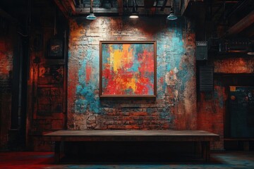 Abstract Painting on Brick Wall with Wooden Bench and Dim Lighting