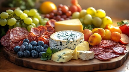 Delicious charcuterie board with cheese, salami, grapes, and blueberries.