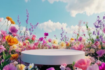 3d render platform and Natural podium background on colorful flowes field for product display, Blank showcase, mock up template or cosmetic presentation with empty round stage. generative ai. 