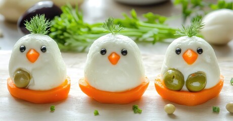 Healthy Fun Art Food Snacks Shaped as Penguins. AI generated illustration.
