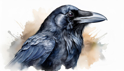 Watercolor illustration black crow bird portrait. Mystic raven isolated on white background. Wildlife