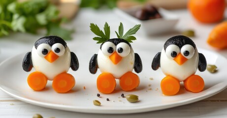 Fototapeta premium Healthy Fun Art Food Snacks Shaped as Penguins. AI generated illustration.