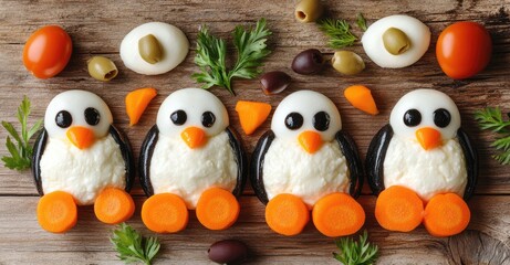 Fototapeta premium Healthy Fun Art Food Snacks Shaped as Penguins. AI generated illustration.