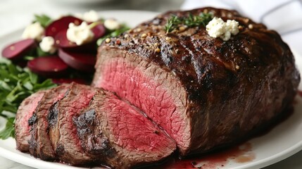 A beautifully cooked beef roast served with salad, showcasing a delicious meal.