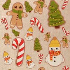 Colorful holiday decorations featuring gingerbread men, candy canes, and cheerful snowmen on a festive background