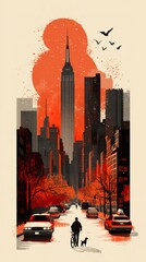 Man Walking Dog Bicycle Cityscape Empire State Building