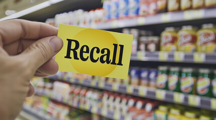 Hand holding a "Recall" sticker on a packaged food item, highlighting the importance of food safety and consumer protection in product management.