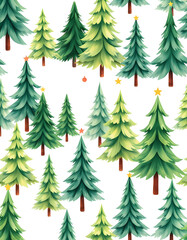 Obraz premium Seamless watercolor pattern from different green Christmas trees on winter holidays, papercraft
