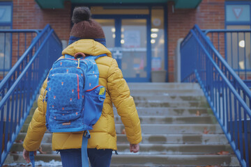 Fototapeta premium A student carries a backpack and walks up the stairs to the school entrance to study.