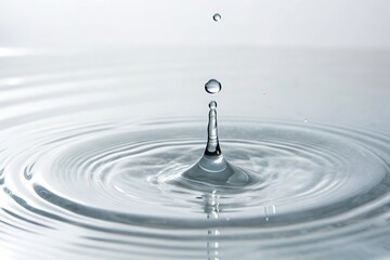 Water drop on white surface with ripples, smooth, crystal clear