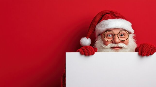 Cute Santa peeping behind a board. Christmas holiday greeting card design background template.