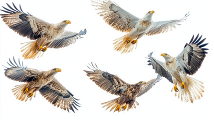 Obraz premium Four Majestic White-Tailed Eagles in Flight Against a Crisp White Background 