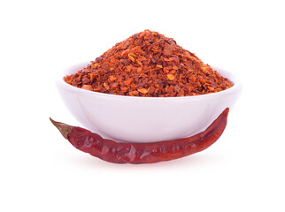 Crushed Chillies in the white ceramic bowl  on transparent.