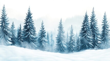 Fototapeta premium Winter Wonderland: Snow Covered Pine Trees in a Foggy Forest