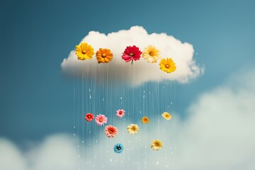 Colorful flowers raining from a cloud, puring positive thoughts, emotion and attitude, hope and self care concept