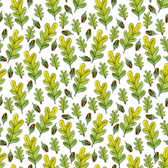 Hand-painted oak autumn leaves, watercolor illustration, seamless pattern on a white background in natural colors, for wrapping paper, background, wallpaper and fabric.