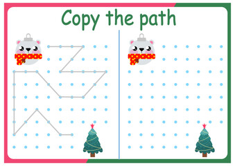 activities for children. Copy the path. Logic games for children. Vector illustration. The book is square format. New Year. Christmas