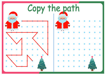 activities for children. Copy the path. Logic games for children. Vector illustration. The book is square format. New Year. Christmas