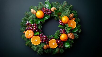 Christmas Wreath with Oranges, Grapes and Pine