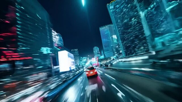 A fast flight through a modern city at night with lots of traffic and neon lights.