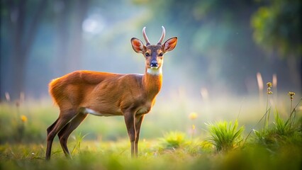 Fototapeta premium Minimalist Photography of a Red Brocket Deer in a Serene Natural Habitat, Focusing on Its Unique Features and the Tranquility of the Surrounding Environment