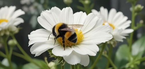 Fototapeta premium Honeycomb-colored bumblebee on large white flower , macro photography, flowers