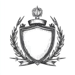 Obraz premium Blank heraldic shield emblem with laurel wreath, ribbons, and crown.